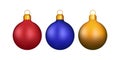 Set of Christmas balls. Three Christmas bauble. Red, blue and gold Christmas balls. Vector illustration. Royalty Free Stock Photo